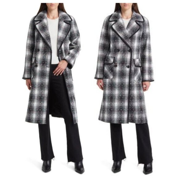 Avec Les Filles Plaid Tweed Double Breasted Coat in Black Multi Plaid - Picture 3 of 6